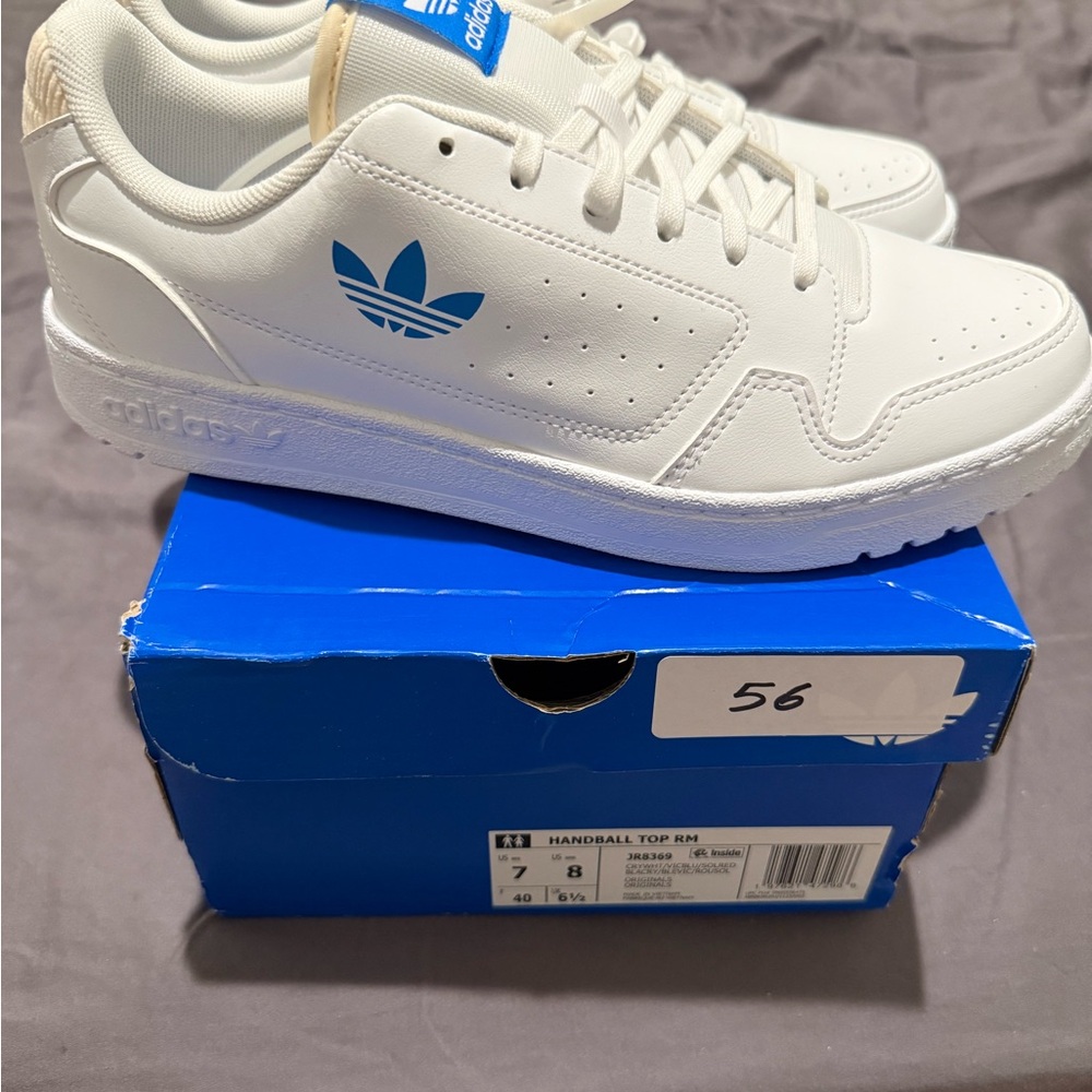 adidas White Leather Sneakers with Blue Box Accent